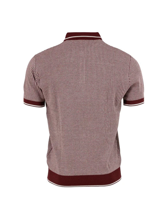 New w/ Tags RELCO LONDON Burgundy Jacquard Dogtooth Knitted Polo