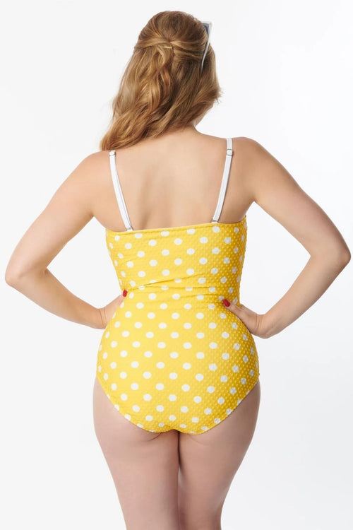 NWT - UNIQUE VINTAGE Yellow & White Polka-dot "Barbara" One Piece Swimsuit
