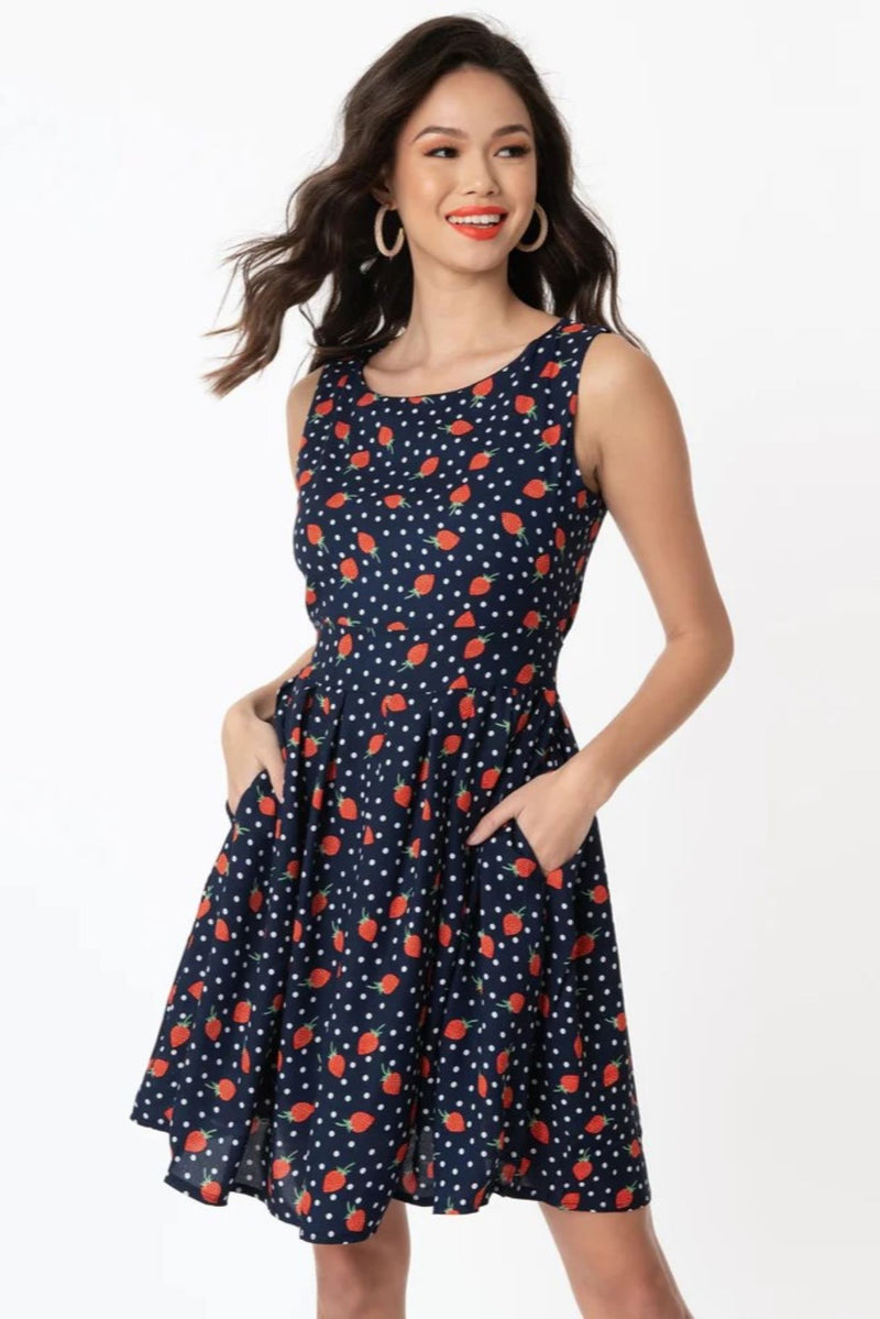 New w/ Tags UNIQUE VINTAGE 1960s Navy & Red Strawberry Dot Fit & Flare Dress - S