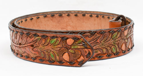 Brown Leather Leaf & Acorn Tooled Western Belt Strap
