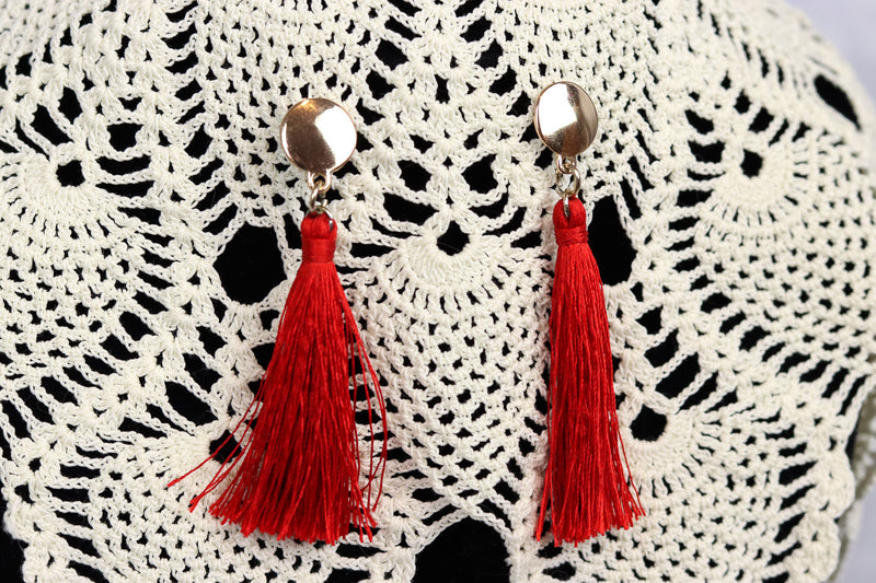 Red Beaded Crochet Necklace and Red Tassel Earrings Set