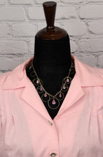 Vintage Gold Tone Metal Circles and Pink Drop Beads Necklace