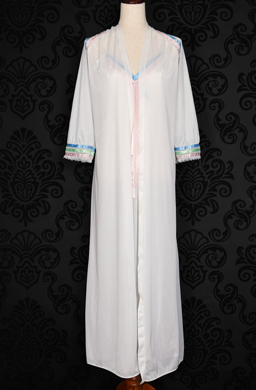 Vintage 2 Pc White Nylon Ribbon Accent Nightgown Robe - M