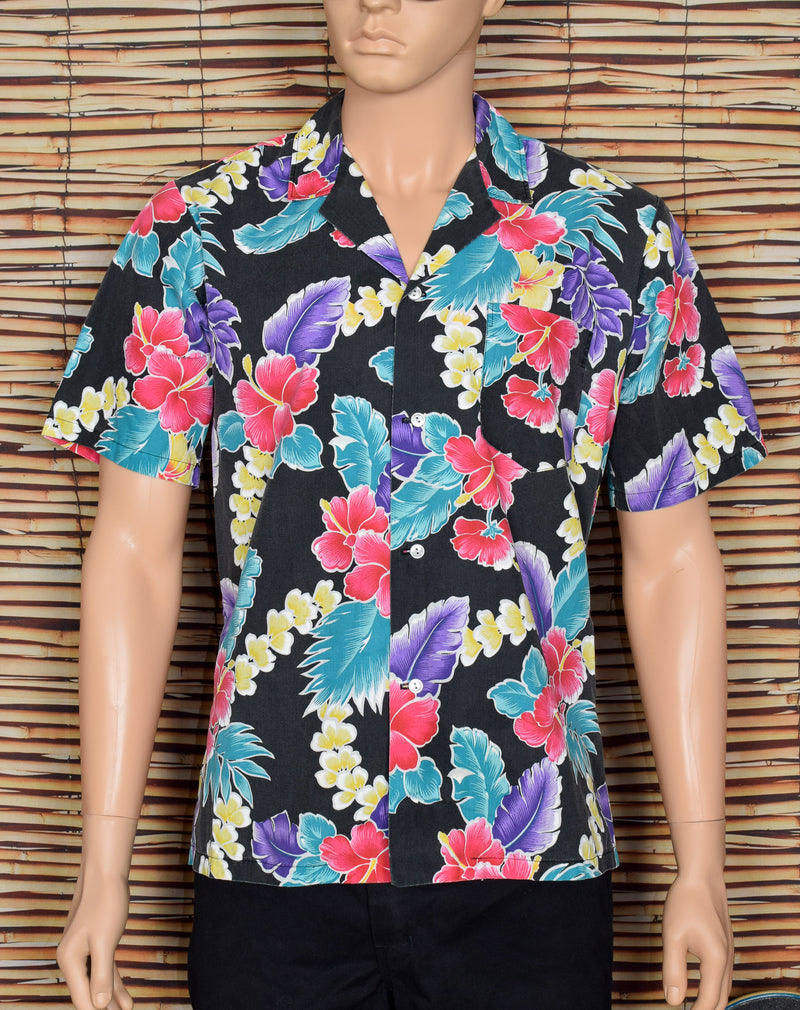 Vintage 80s Black/Multicolor Floral TAMARE Hawaiian Shirt