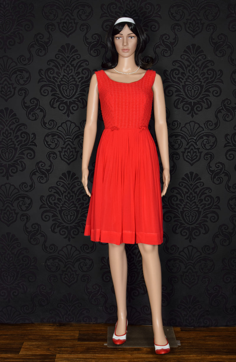 Vintage 50's Red UNBRANDED Chiffon Smocked Top Formal Dress