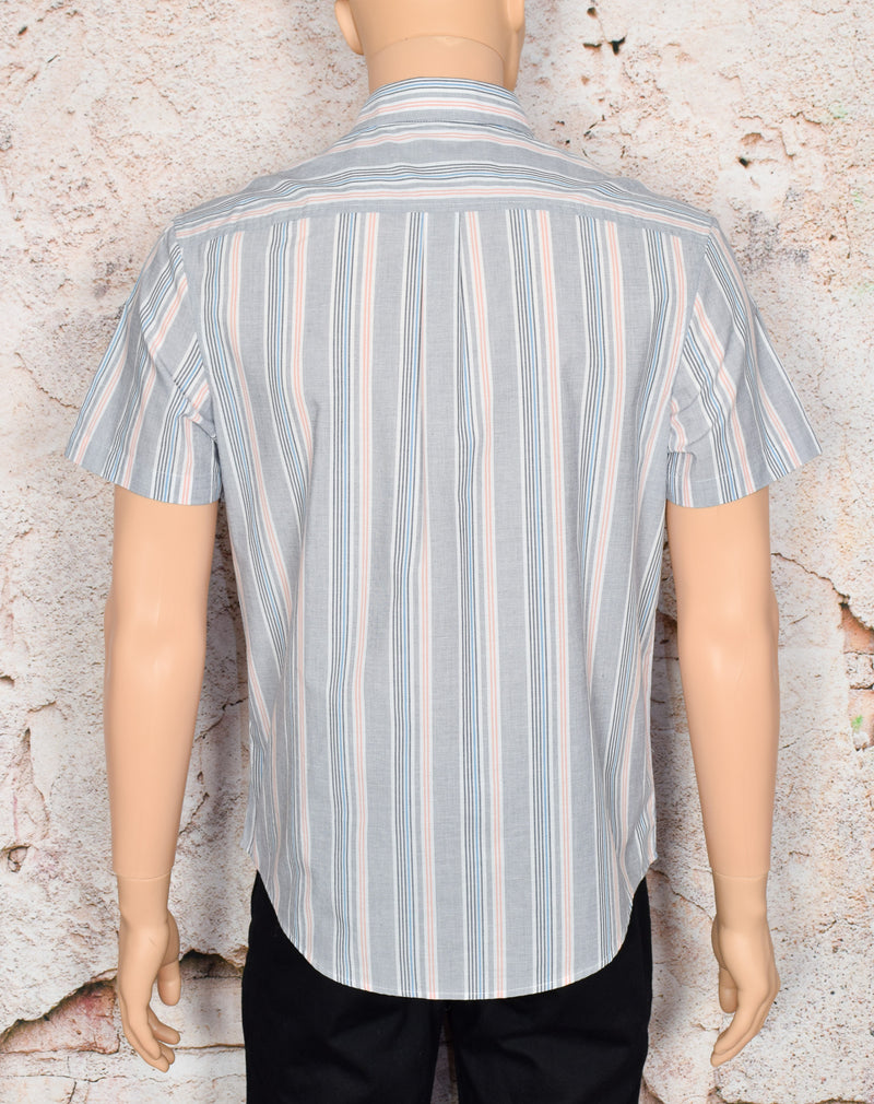 Men's Original Penguin Heritage Slim Fit Grey Striped Short Sleeve Button Up Shirt - L