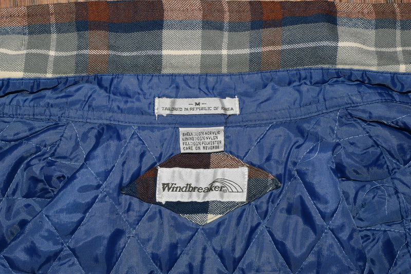 Vintage 90s Brown/Blue/Grey Tartan Plaid WINDBREAKER Insulated Flannel Shirt - M