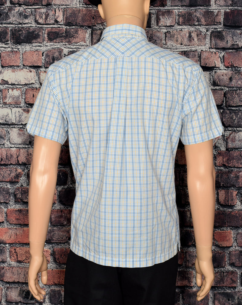Men's Ben Sherman Blue & Light Brown Checkered Short Sleeve Button Up Shirt - L