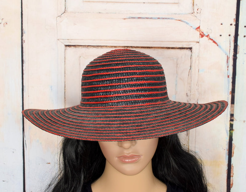 Vintage Italian Red & Black Striped Woven Straw Hat