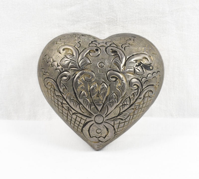 Vintage Embossed Metal Heart Shaped Trinket Box