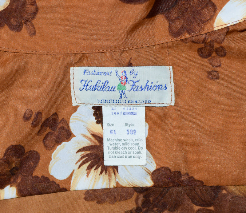 Men's Vintage 70s Hukilau Fashions Brown Floral Hawaiian Shirt - XL
