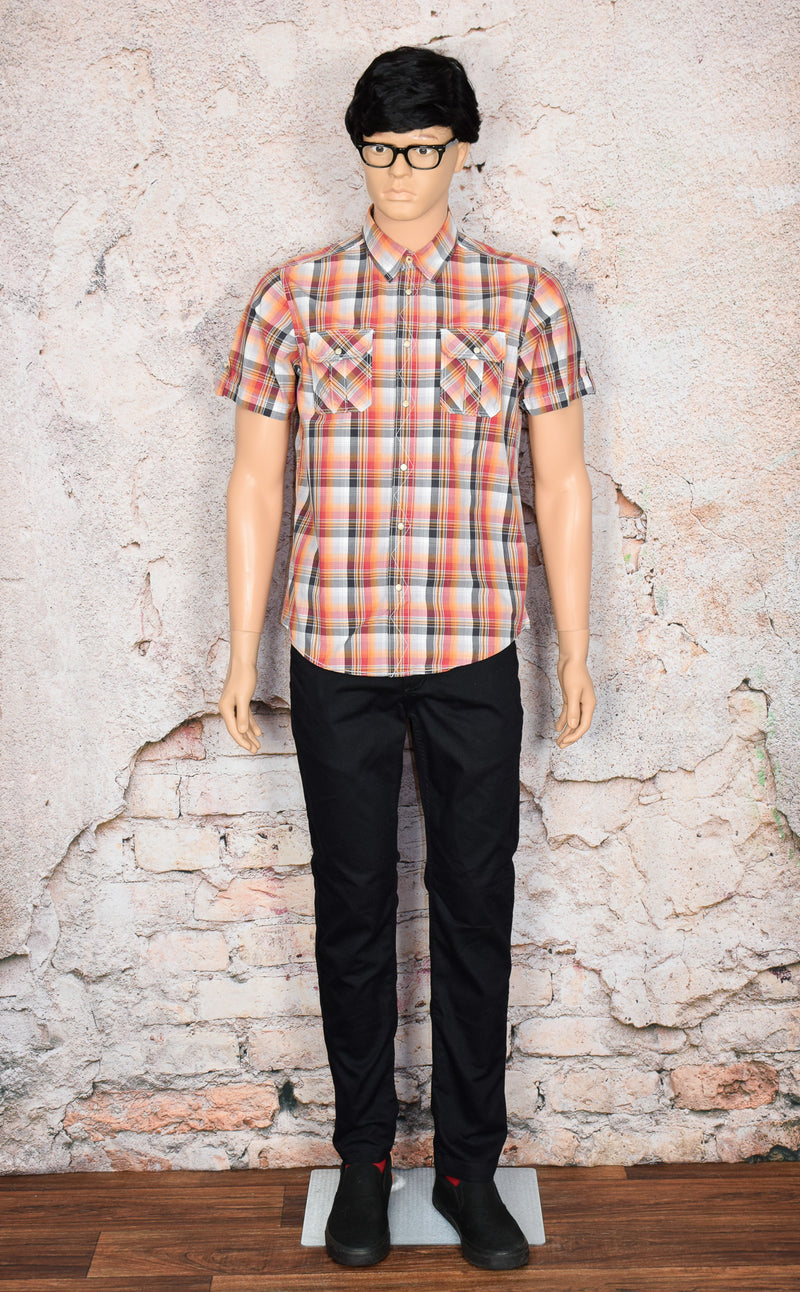 Men's Ben Sherman Red & Orange Plaid Short Sleeve Snap Button Up Shirt - L
