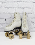 Vintage 40s/50s Hyde Member of M.A.R.SI. Kid's White Leather Roller Skates w/ Clay Wheels