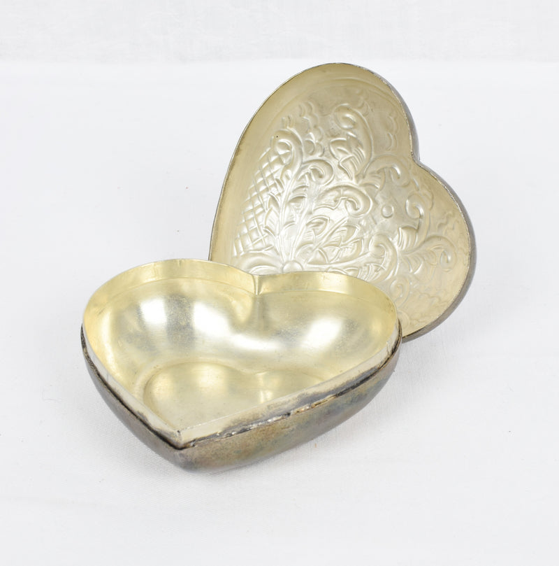 Vintage Embossed Metal Heart Shaped Trinket Box