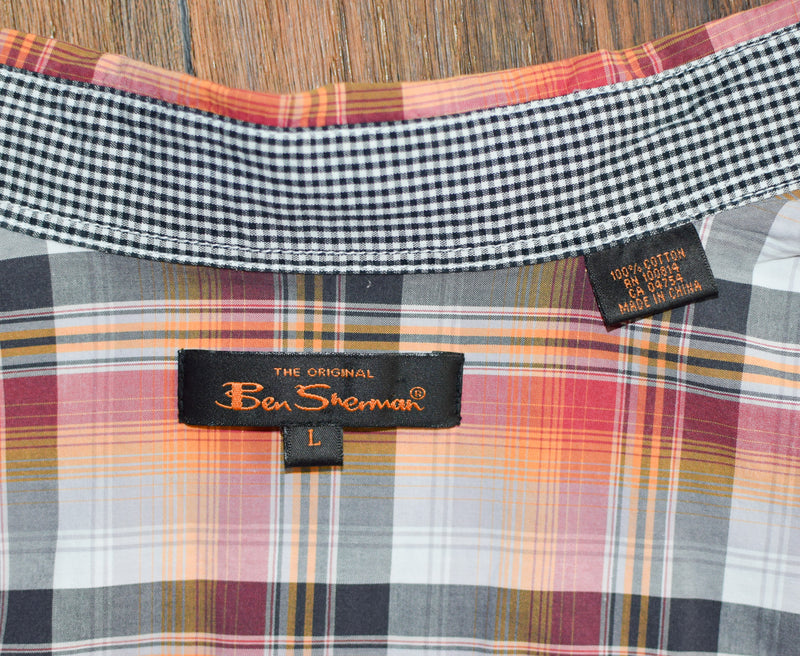 Red & Orange Plaid BEN SHERMAN Short Sleeve Snap Button Up Shirt - L