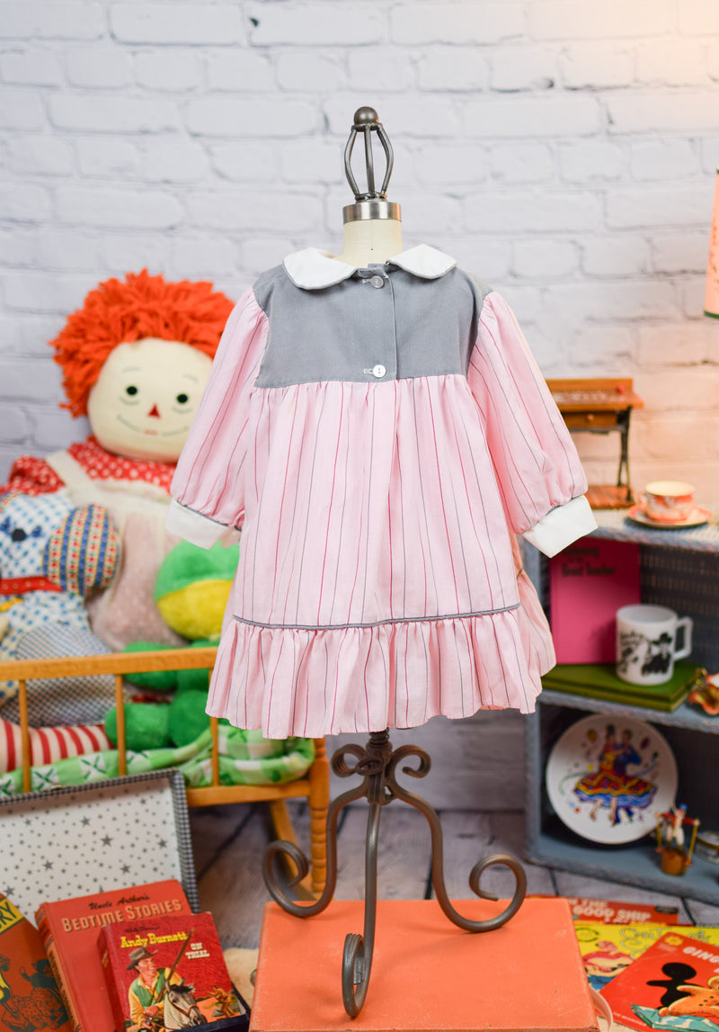 Girl's Infant Pink & Grey Striped Long Sleeve Dress