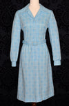 Vintage 50s/60s Light Blue Checkered Long Sleeve Polyester Dress w/ Matching HY-TEX Belt