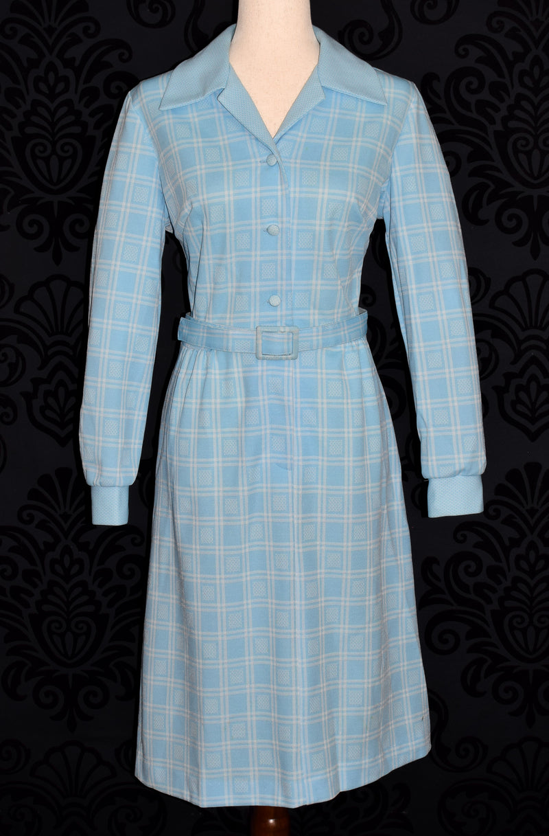 Vintage 50s/60s Light Blue Checkered Long Sleeve Polyester Dress w/ Matching HY-TEX Belt