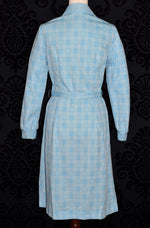 Vintage 50s/60s Light Blue Checkered Long Sleeve Polyester Dress w/ Matching HY-TEX Belt