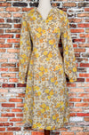 Vintage 60s Yellow & Brown Floral Long Sleeve Big Collar Dress