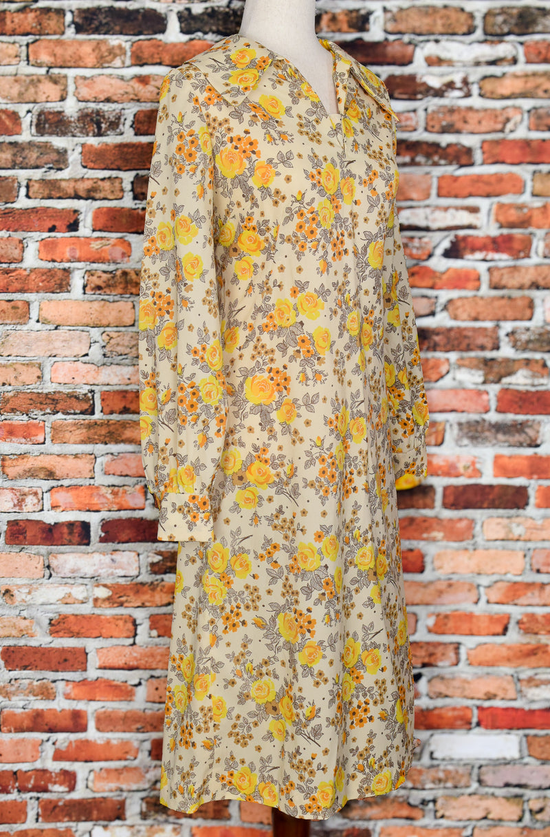 Vintage 60s Yellow & Brown Floral Long Sleeve Big Collar Dress