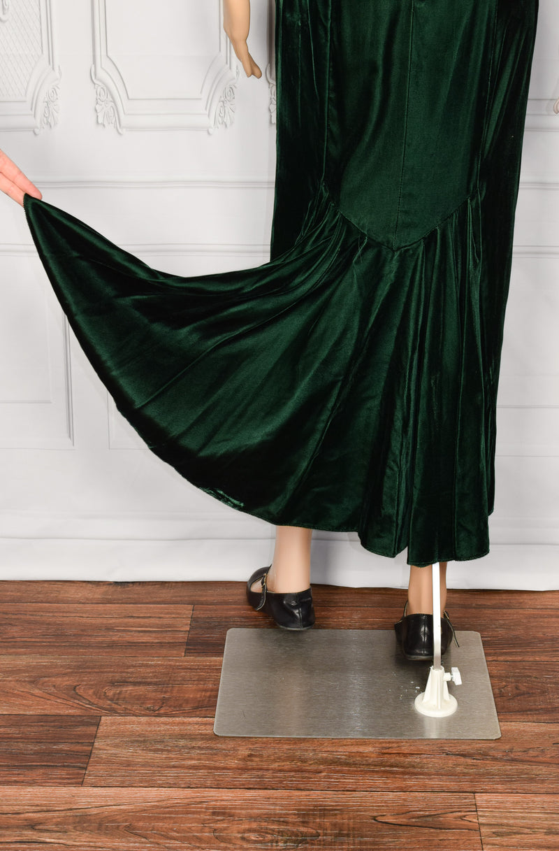 Women's Vintage 90s Jessica McClintock Green Velvet Off-the-Shoulder Lace Dress - 11/12