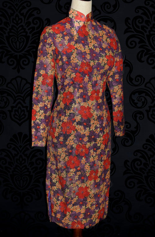 Vintage 60s/70s Red & Purple Floral Qipao Inspired Long Sleeve Tapestry Dress