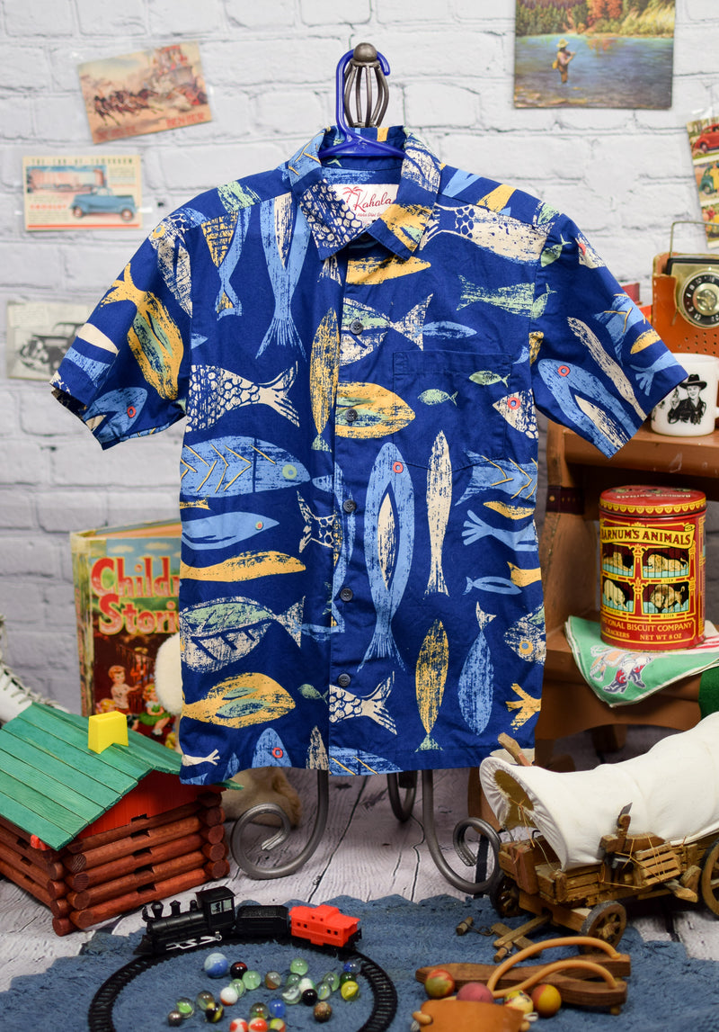 Boy's Vintage Kahala Blue & Orange Hawaiian Fish Short Sleeve Button Up Shirt - M/8