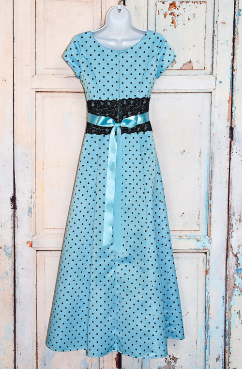 Vintage 80s/90s Blue & Black Polka-dot JODY CALIFORNIA Polyester Maxi Dress - 1/2