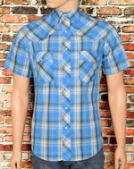 Blue Plaid WRANGLER Western Snap Button Short Sleeve Shirt - S