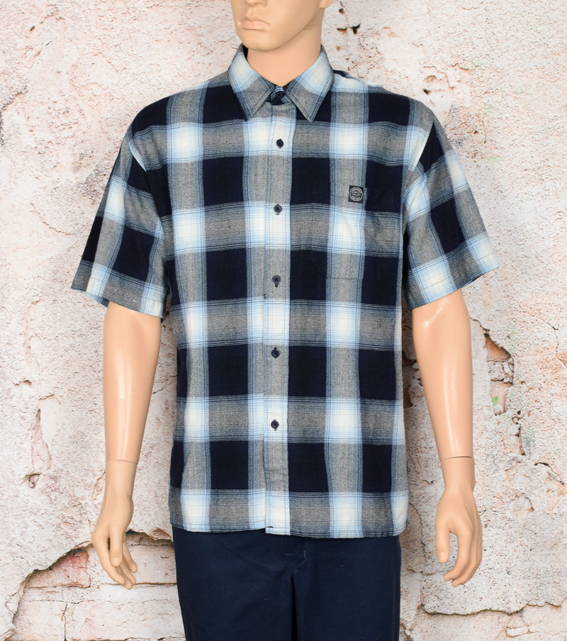 Vintage 90s Black & Blue Plaid Flannel LOWRIDER Short Sleeve Button Up Shirt - L
