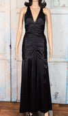 Vintage Jessica McClintock Black Ruched Satin Deep V-Neck Back Lace to Waist w/ Train Formal Maxi Dress - 4