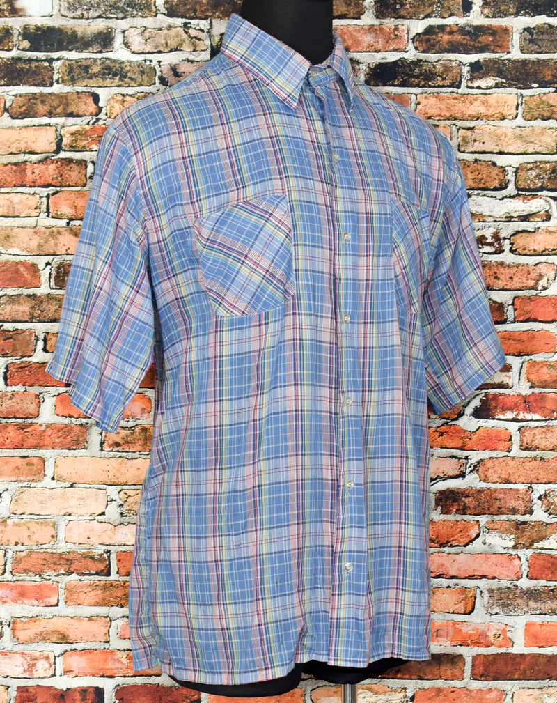 Vintage 70s Blue & Red Plaid CHARLES ALEXANDER Short Sleeve Button Up Shirt