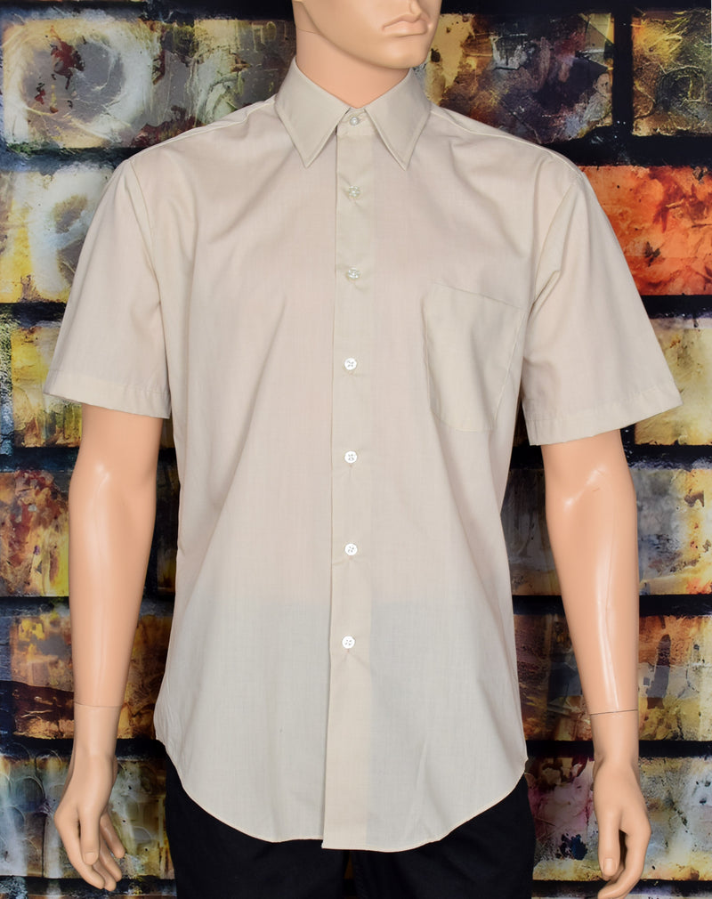 Men's Vintage 90s Sears Perma-Prest Beige Short Sleeve Button Up Dress Shirt - 17
