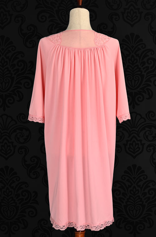 Vintage 80s Pink SHADOWLINE Embroidered Rose Button Nightgown - M