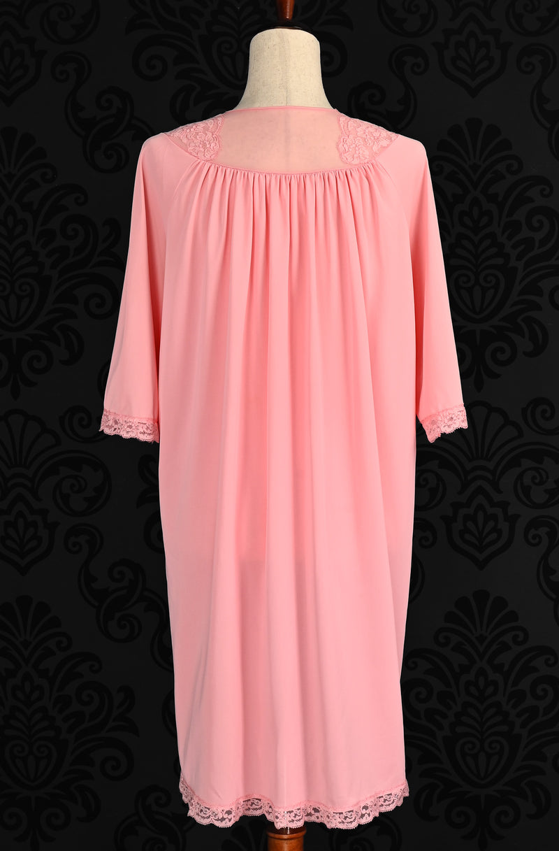 Vintage 80s Pink SHADOWLINE Embroidered Rose Button Nightgown - M