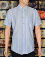 Men's Vintage 90s Mervyn's Blue & Teal Striped Short Sleeve Button Down Shirt - 16-L-16-1/2