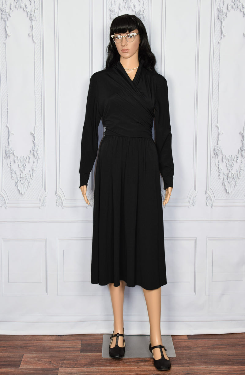 Women's Vintage 70s Susan Howard California Black Polyester Midi Long Sleeve Dress - 4
