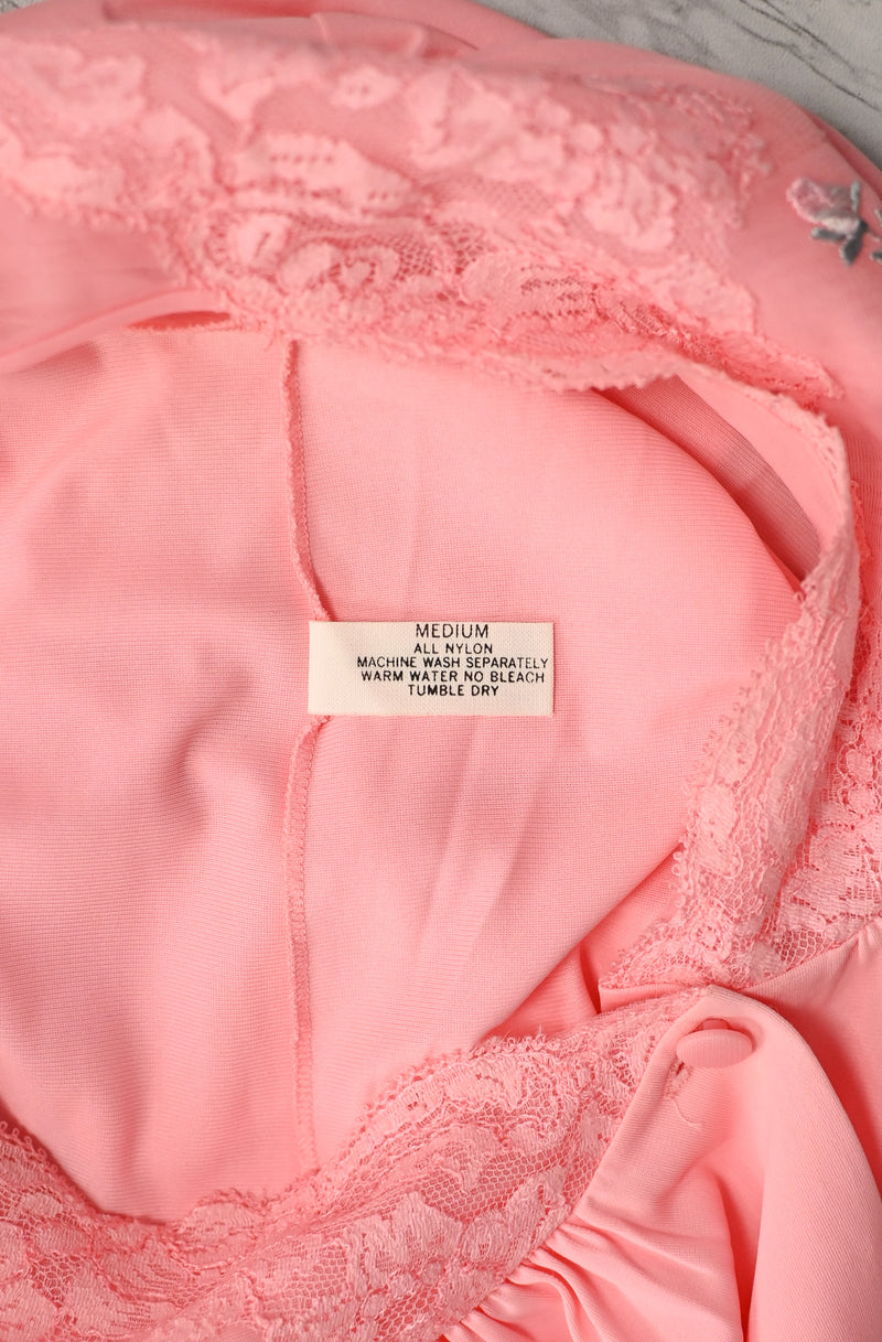 Vintage 80s Pink SHADOWLINE Embroidered Rose Button Nightgown - M