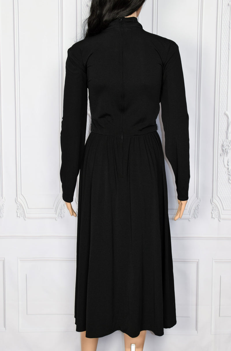 Women's Vintage 70s Susan Howard California Black Polyester Midi Long Sleeve Dress - 4