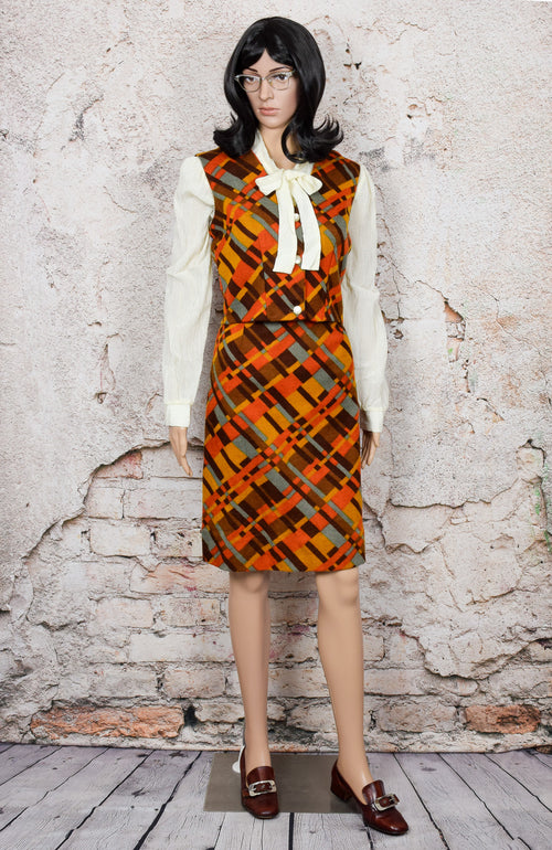 Women's Vintage 70s 2pc. Brown & Orange Geometric Wool Skirt & Vest Set