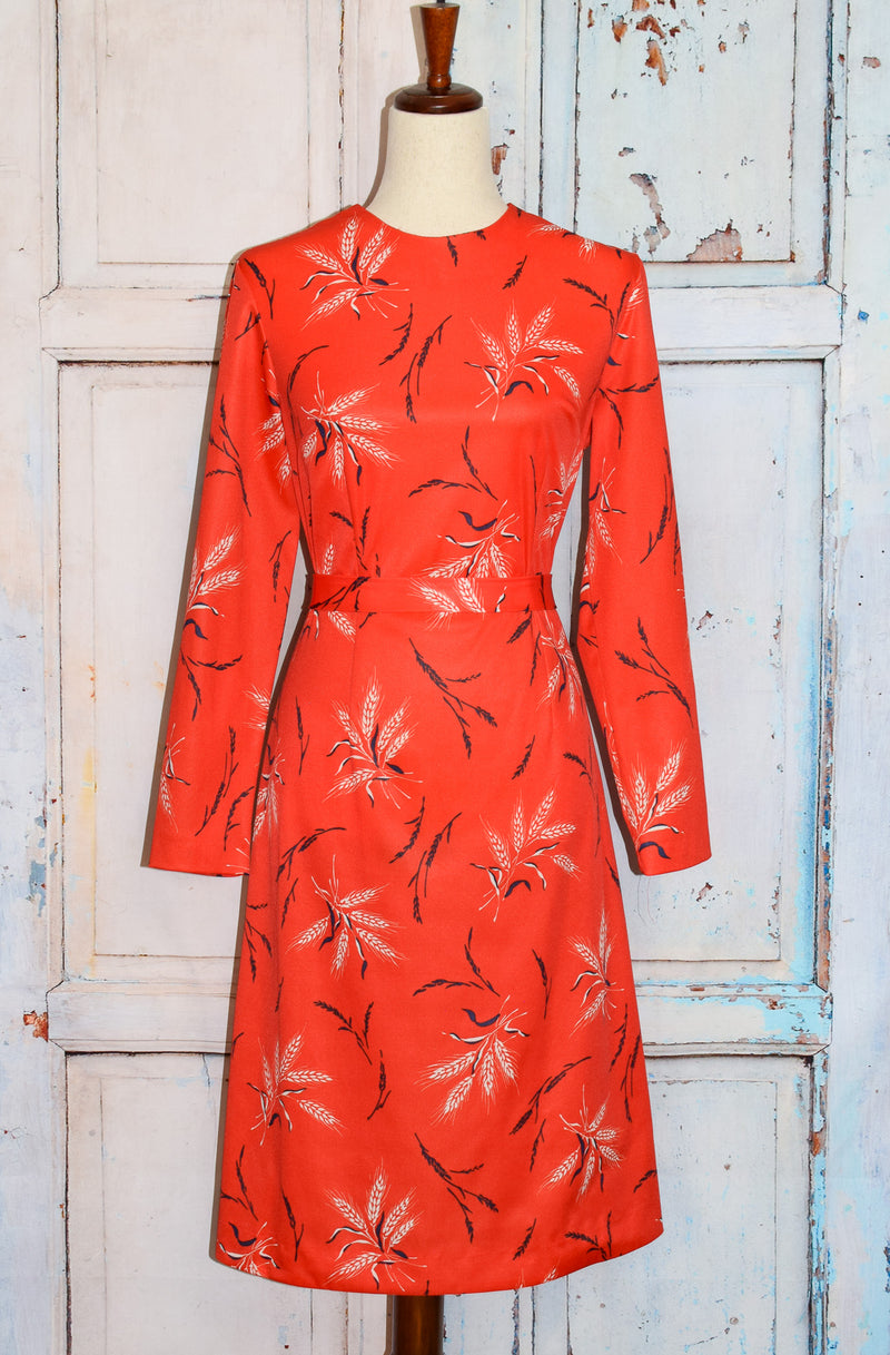 Vintage 60s/70s Red Wheat Design MARTA 'D Long Sleeve Polyester Dress w/ Matching Tie