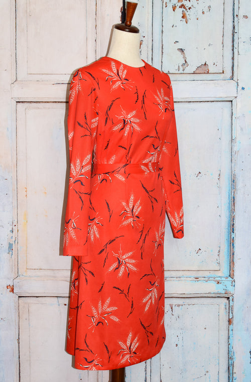 Vintage 60s/70s Red Wheat Design MARTA 'D Long Sleeve Polyester Dress w/ Matching Tie