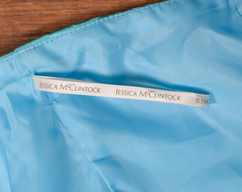 Vintage Jessica McClintock Teal Floral Brocade Strapless Formal Mini Dress