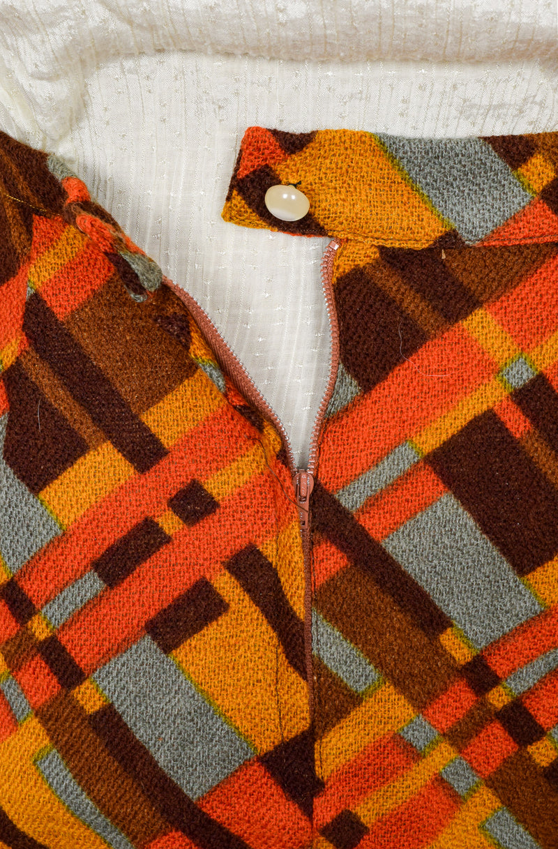 レディース ヴィンテージ 70年代 2pc。ブラウン &amp; オレンジの幾何学模様のウール スカート &amp; ベスト セット