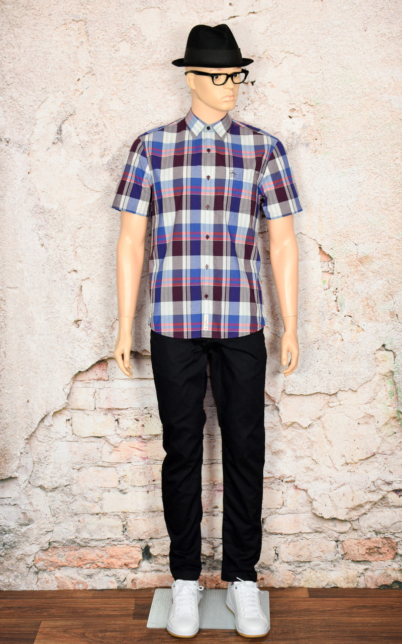 Men's Original Penguin Heritage Slim Fit Blue & Red Plaid Short Sleeve Button Up - L/G Men's Original Penguin Heritage Slim Fit Blue & Red Plaid Short Sleeve Button Up - L/G