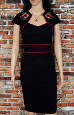 NEW W/ TAGS Hell Bunny Vixen Black Rockabilly Pencil Cap-Sleeve Dress w/ Embroidered Flowers - M/D