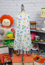 Girls White Sleeveless Multicolor Beach Designs & Heart Detailing Summer Dress