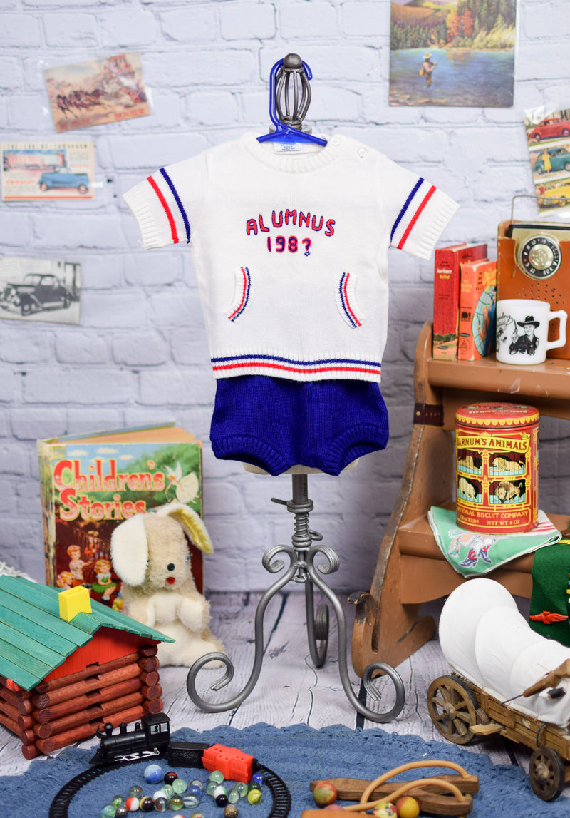 Vintage Boy's Infant Mothercare Acrylic "Alumnus 198?" Shirt & Short Set - 28 ins.