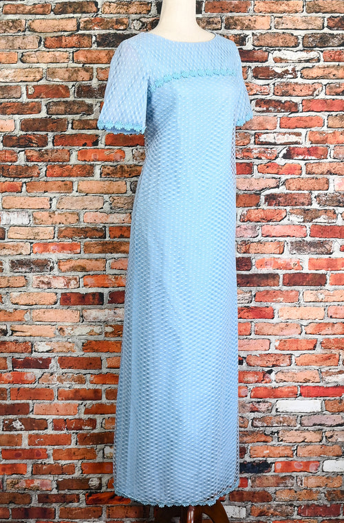 Vintage 70s Light Blue w/ White Lace Overlay Empire Waist Short Sleeve Maxi Dress - 11